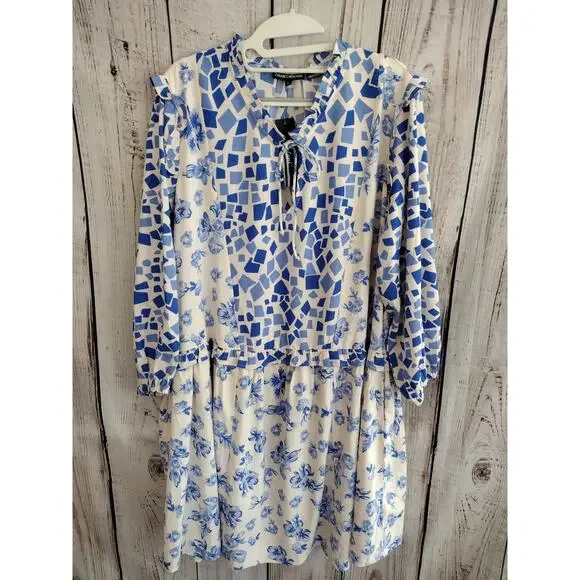 Tolani Collection Blue & White Geometric-Print Ruffle Trim Flowy Babydoll Dress - Picture 2 of 13